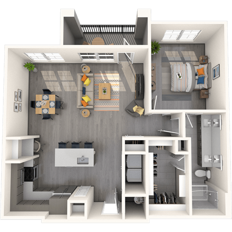 Floor plan for 1 bed, 1 bath, 970 sqft